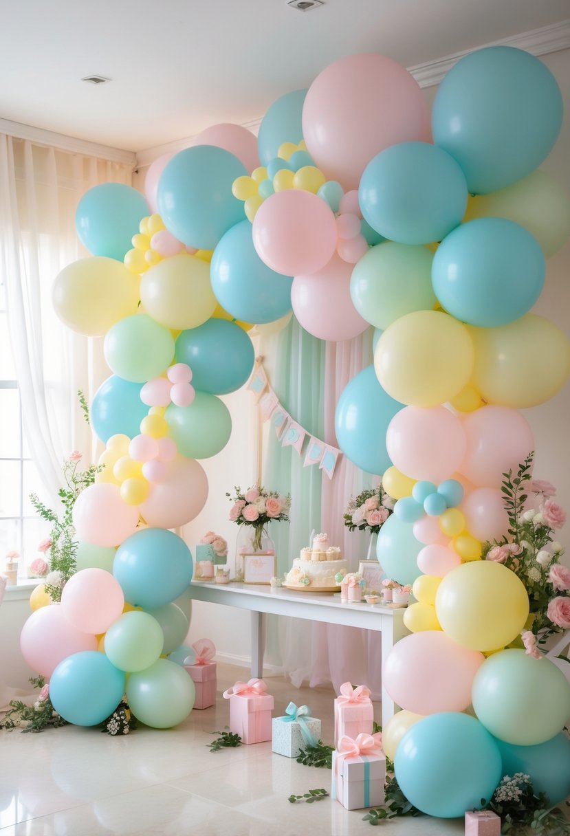 A colorful balloon garland with pastel balloons and floral decorations set up for a baby girl shower celebration.