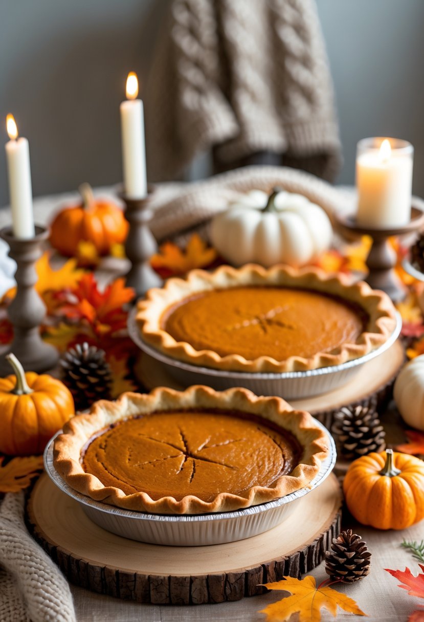 A dessert table with sweet potato pie and pumpkin pie surrounded by fall decorations like small pumpkins, colorful leaves, and cinnamon sticks.