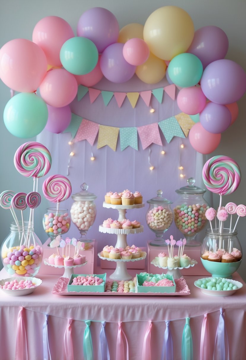 A colorful sweet treat table decorated for a baby girl shower with candies, cupcakes, balloons, and pastel decorations.