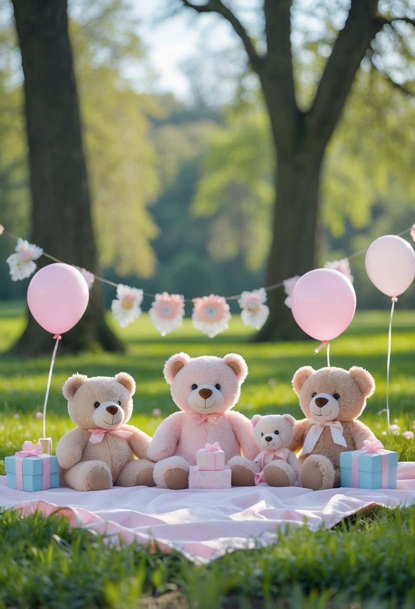 Outdoor picnic scene with soft plush teddy bears arranged on a blanket surrounded by baby shower decorations in a green park.