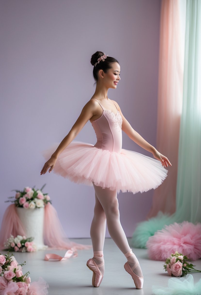 A ballerina in a pastel pink tutu poses gracefully surrounded by soft pastel decorations and flowers.