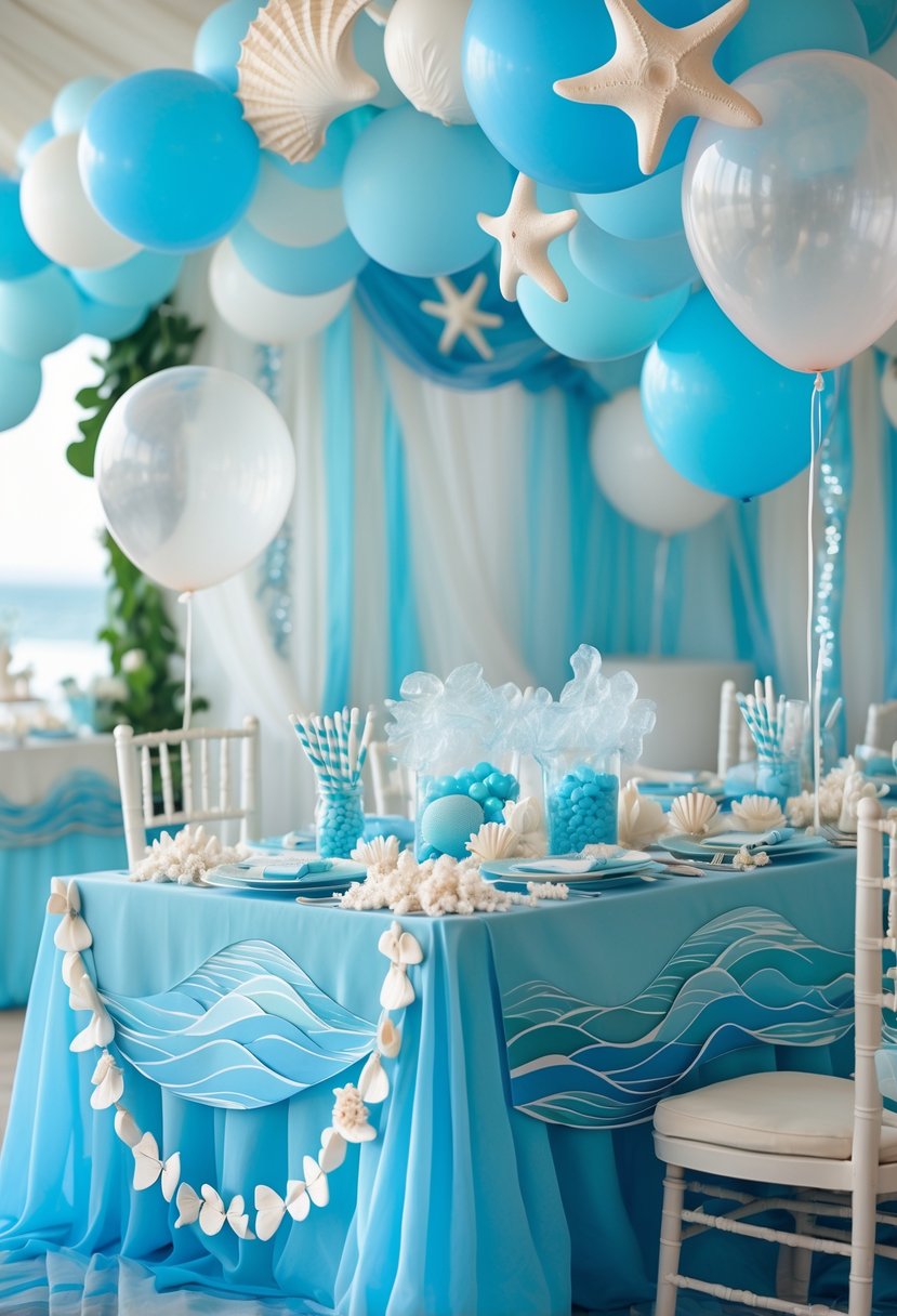 A baby shower setup decorated with soft blue and aqua colors, seashells, starfish, balloons, and ocean-themed decorations creating an underwater atmosphere.