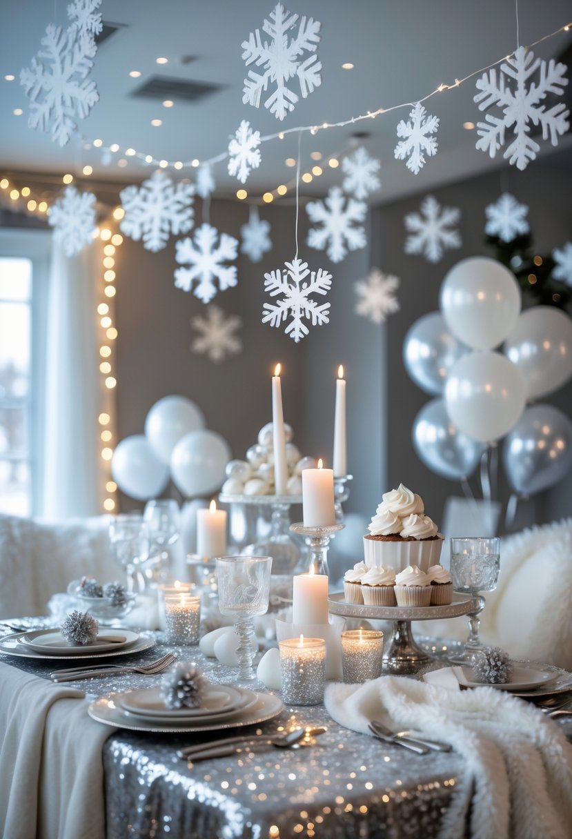 A winter-themed baby shower decorated with white and silver snowflakes, candles, balloons, and a dessert table with snowflake-shaped treats.