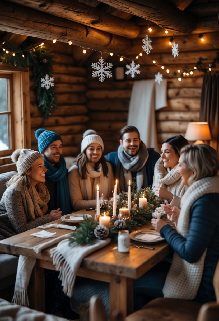 A group of people gathered inside a cozy cabin decorated for a winter baby shower, with wooden furniture, warm blankets, and festive decorations.