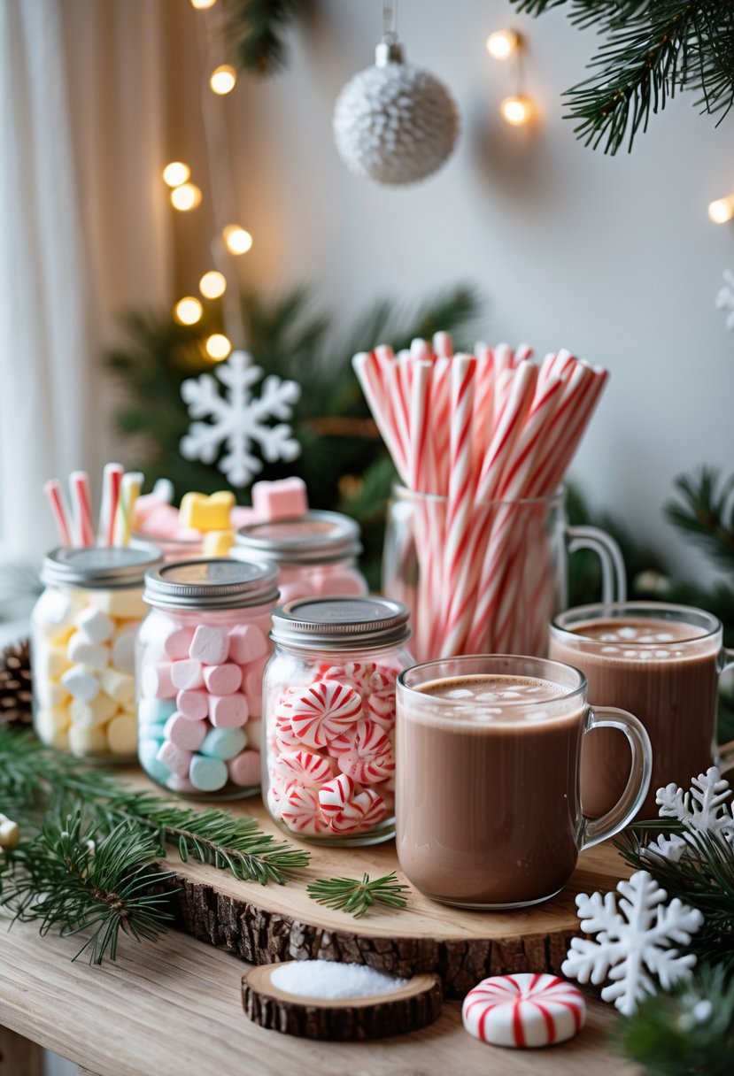 A hot cocoa bar with flavored marshmallows and peppermint sticks arranged on a wooden table decorated for a winter-themed baby shower.