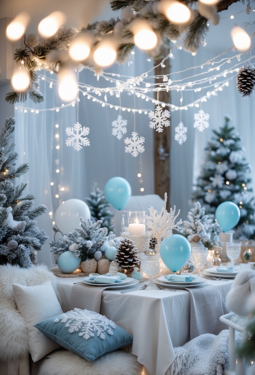 A cozy indoor baby shower decorated with snowy branches, twinkling lights, pastel balloons, and winter-themed decorations.