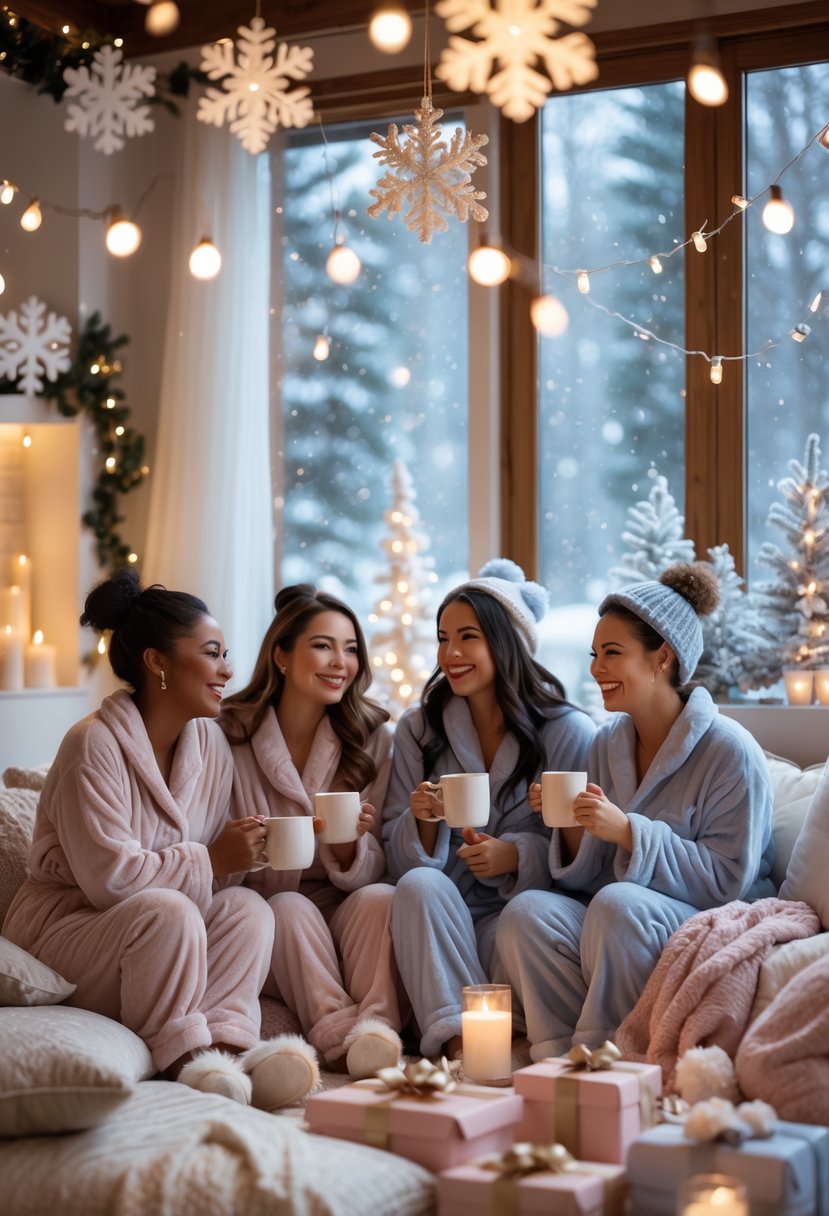 A group of women in plush robes and fuzzy slippers enjoying a cozy winter-themed baby shower indoors with warm lighting and winter decorations.