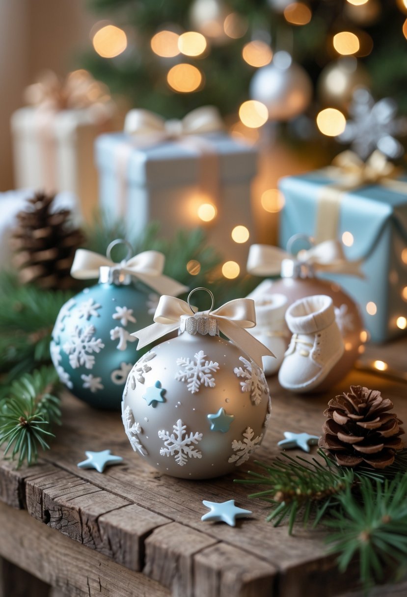 Christmas tree ornament favors arranged on a wooden table with pine branches, pinecones, and warm holiday decorations in the background.