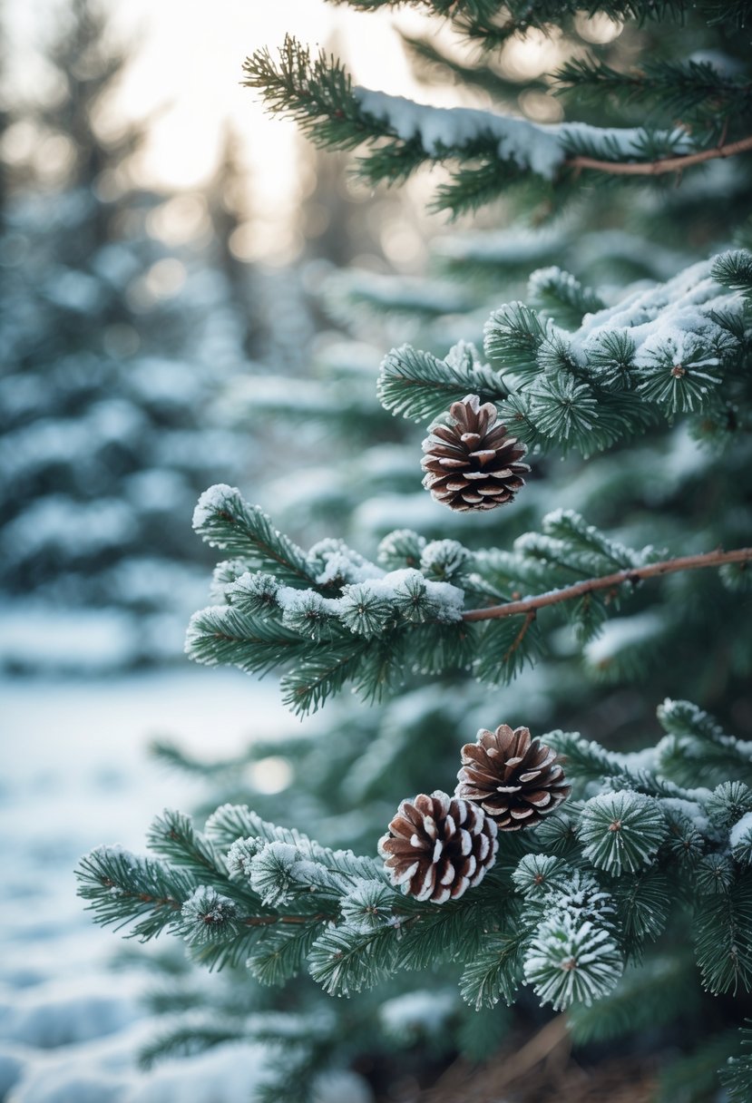 Close-up of snow-covered evergreen branches with pinecones in a frozen forest.