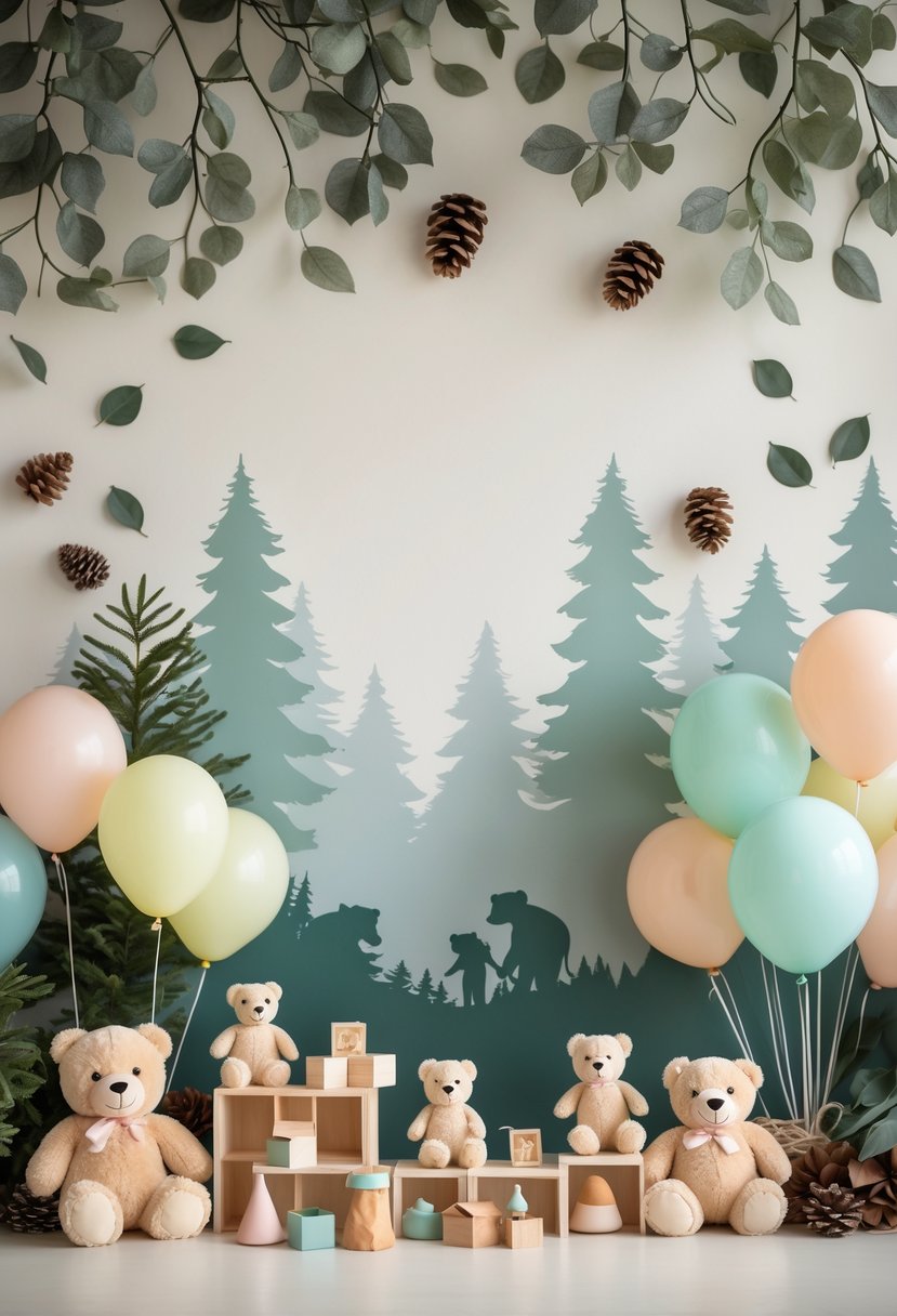 A baby shower setup with a woodland backdrop featuring bear silhouettes and baby-themed decorations.