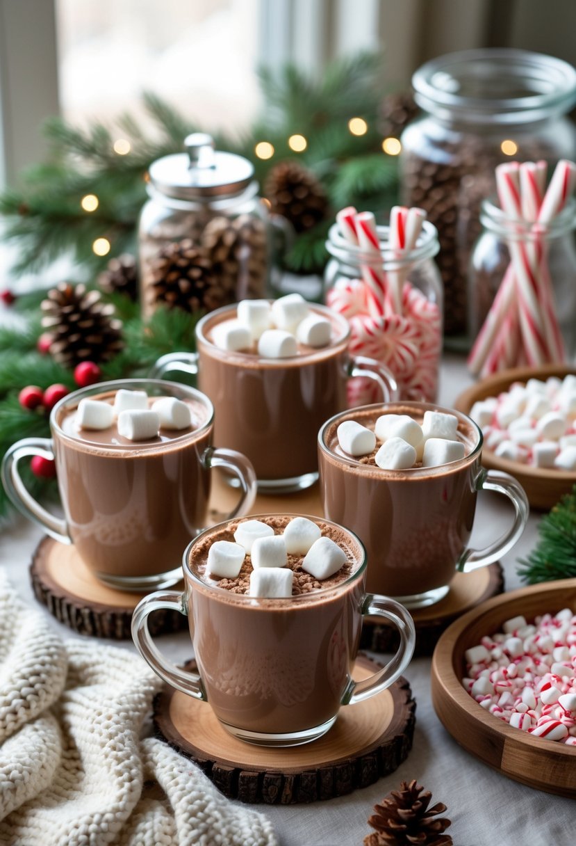 A festive hot cocoa bar with mugs of hot chocolate topped with marshmallows, jars of peppermint stirrers, and seasonal decorations on a decorated table.