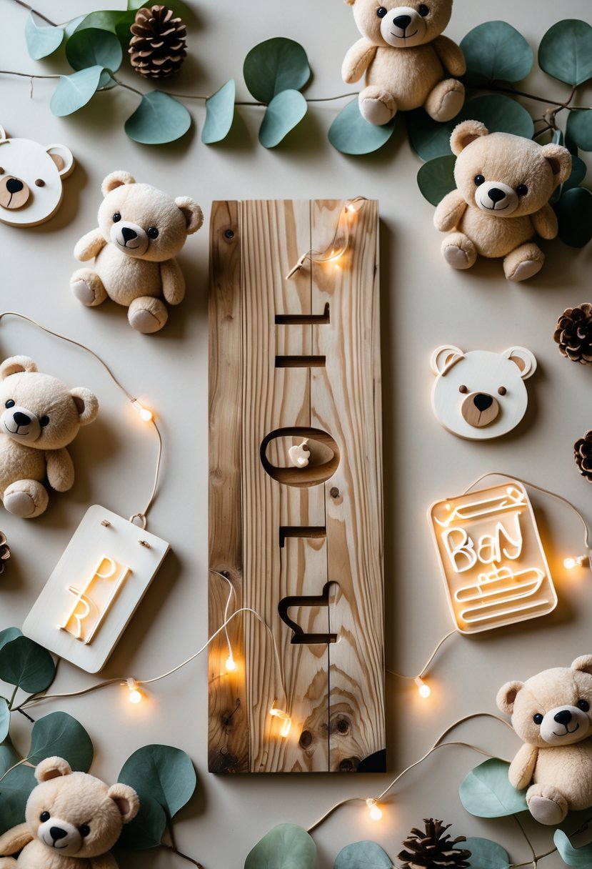 Rustic wooden signs and bear-themed baby shower decorations arranged on a soft background with plush bears, pinecones, and leaves.