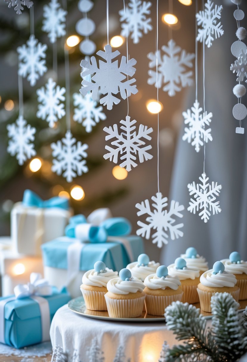 A cozy winter-themed baby shower scene with hanging snowflakes, soft lighting, decorated table with baby gifts and cupcakes, and frosted pine branches in the background.