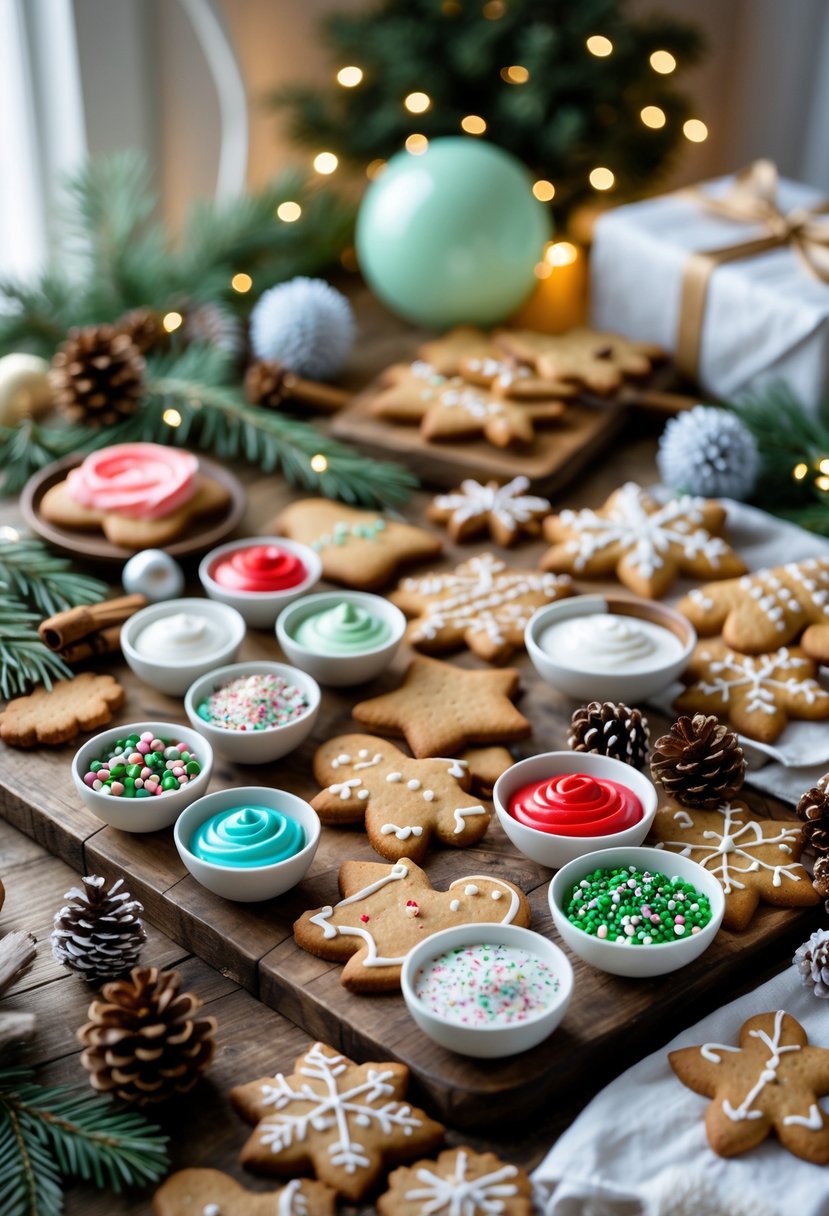 A gingerbread cookie decorating station with cookies, colorful icing, sprinkles, and holiday decorations on a wooden table set for a December baby shower.