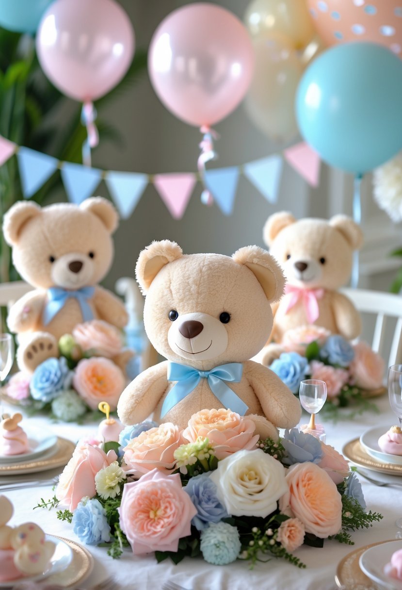 Table decorated with teddy bear plushies as centerpieces surrounded by baby shower decorations and pastel-colored flowers.
