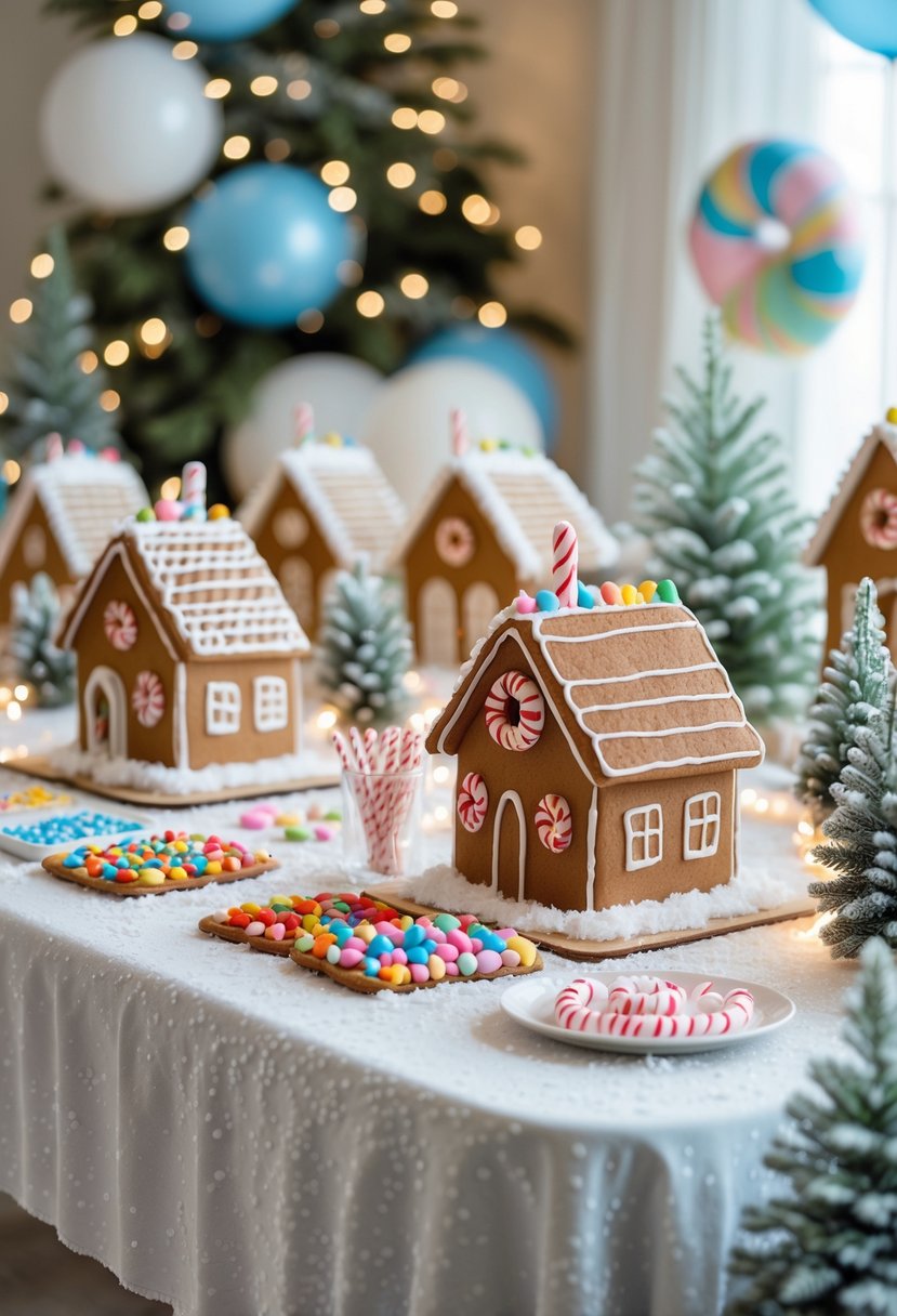 A table set up with gingerbread houses and colorful decorating supplies surrounded by winter-themed decorations and baby shower items.