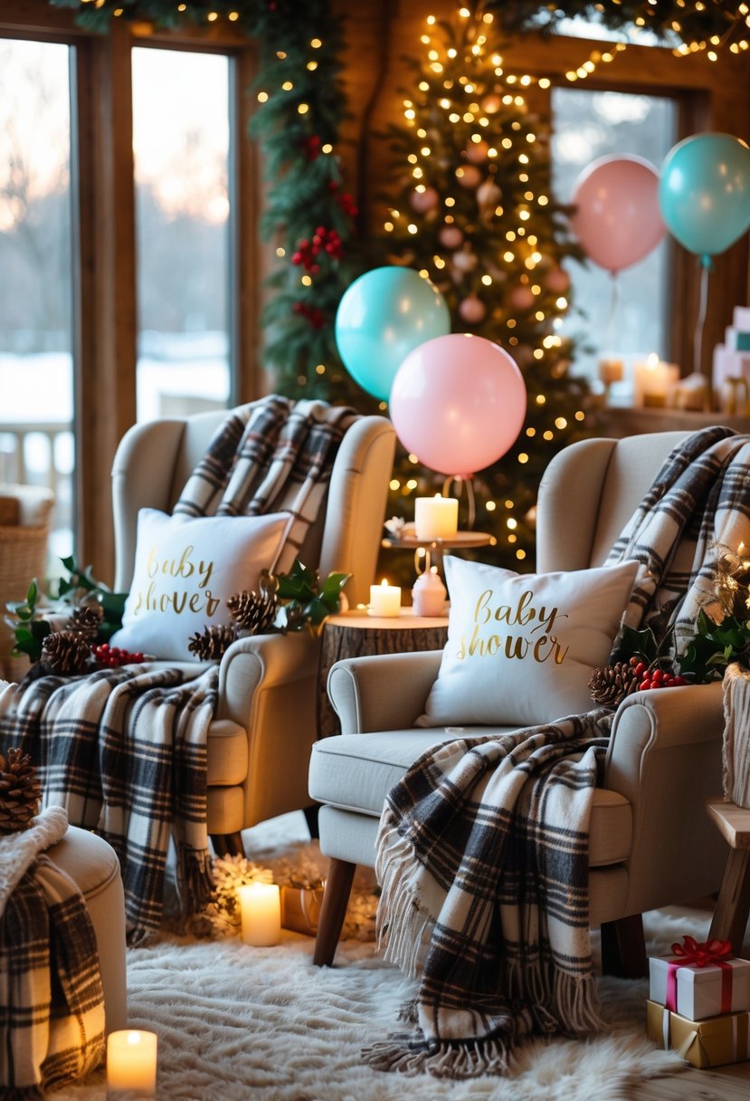 A cozy seating area with plaid blankets, warm lighting, and festive winter decorations prepared for a baby shower gathering.