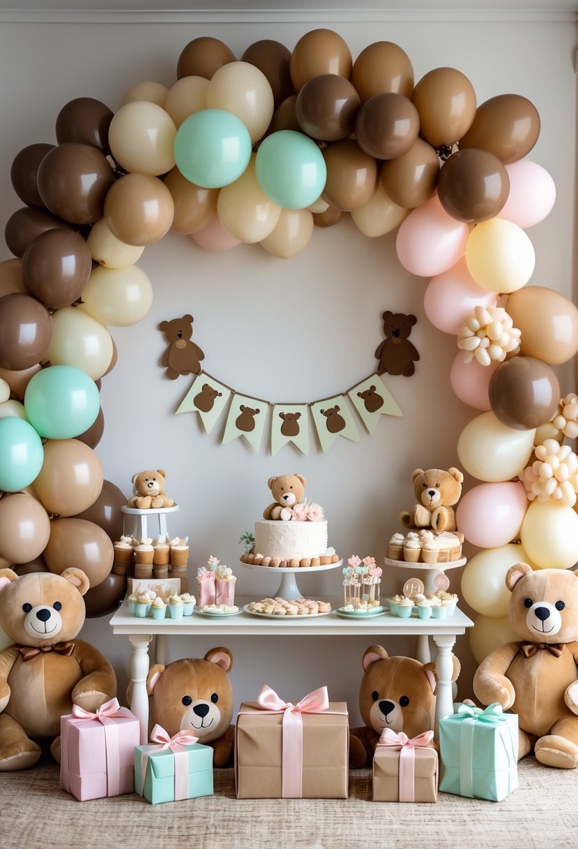 A baby shower setup with brown, beige, and pastel balloon garlands and cute bear-themed decorations on a decorated table.