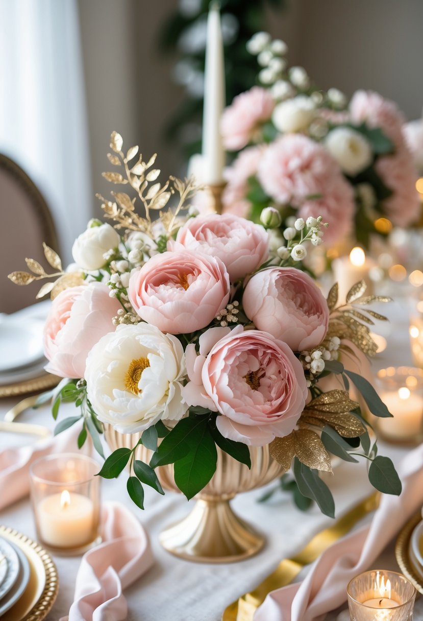 A table with floral centerpieces of blush pink flowers and gold accents set for a festive baby shower.