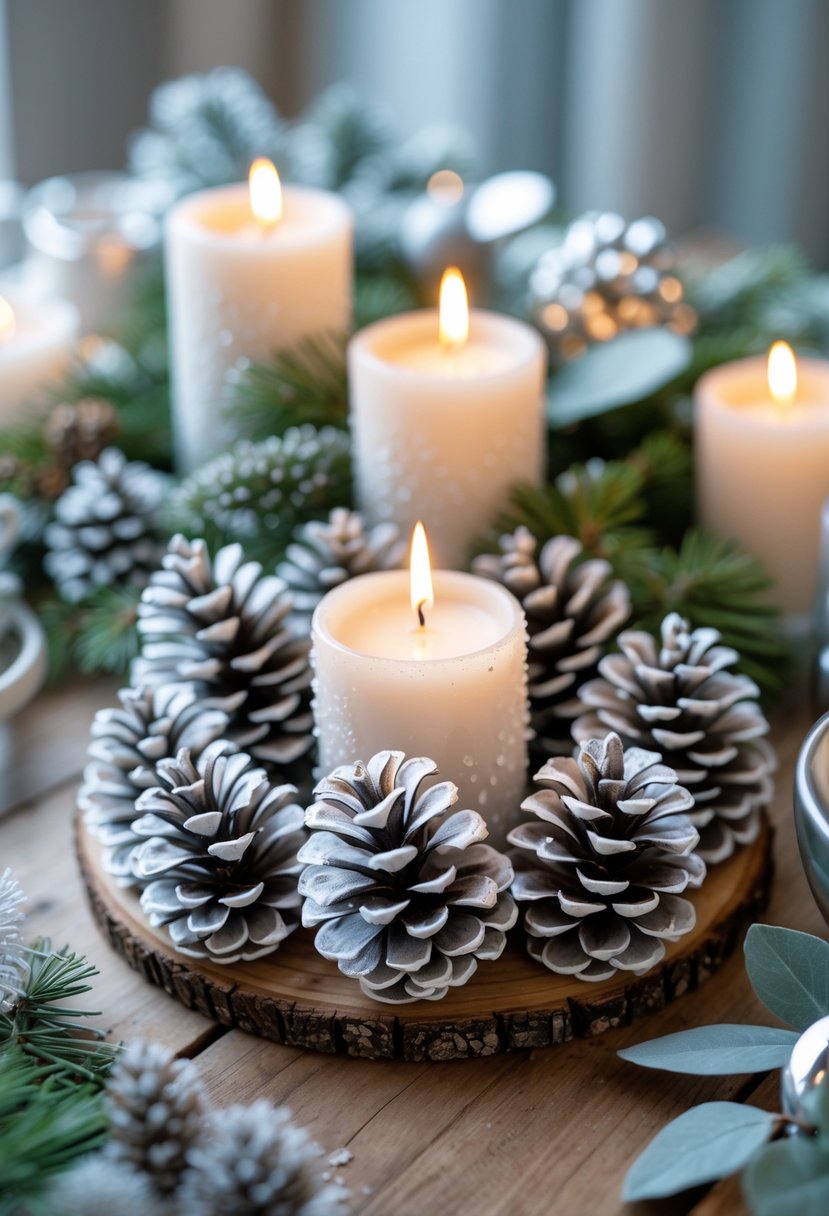A table with frosted pinecone centerpieces and lit white candles surrounded by winter greenery.