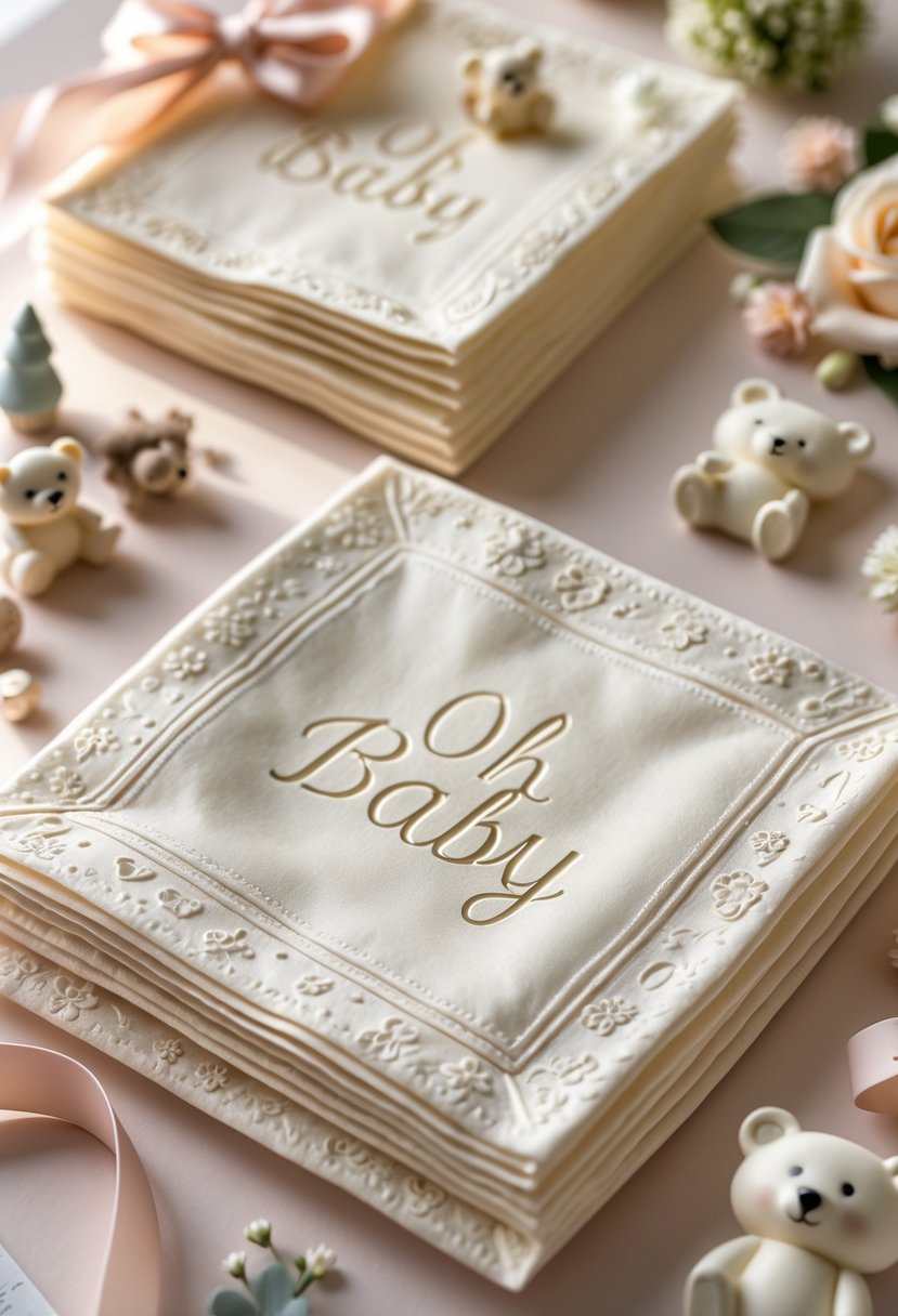 A set of embossed baby shower napkins with bear designs arranged on a soft surface surrounded by small baby shower decorations.