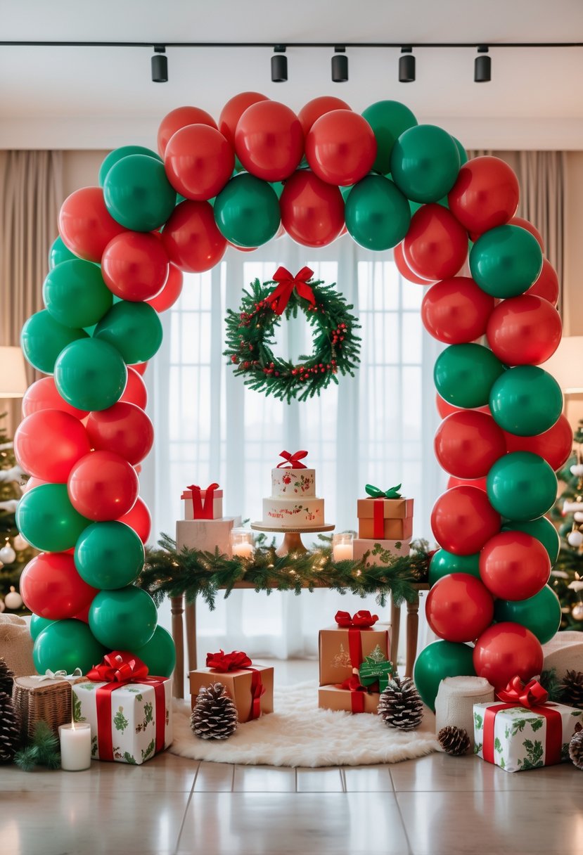 A festive baby shower setup with a red and green balloon arch over a decorated table featuring winter-themed decorations and gifts.