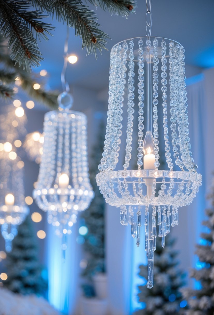 Clear bead ice crystal chandeliers hanging with winter-themed decorations in a softly lit room.