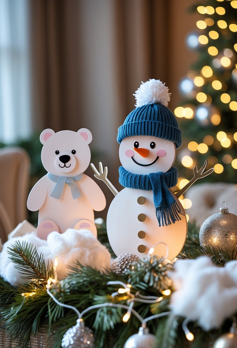 Photo booth props of a polar bear and a snowman on a decorated table at a winter baby shower.