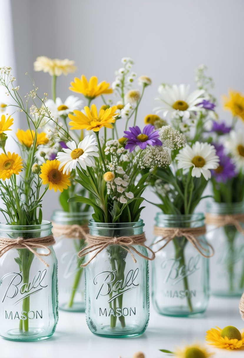 Several mason jars wrapped with twine and filled with colorful wildflowers arranged on a light surface.