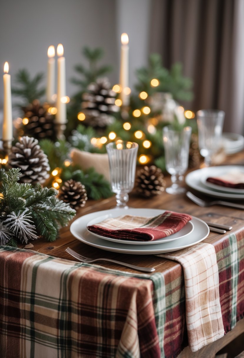 A winter-themed baby shower table with warm plaid tablecloths and napkins, decorated with pinecones, evergreen sprigs, and soft lights.