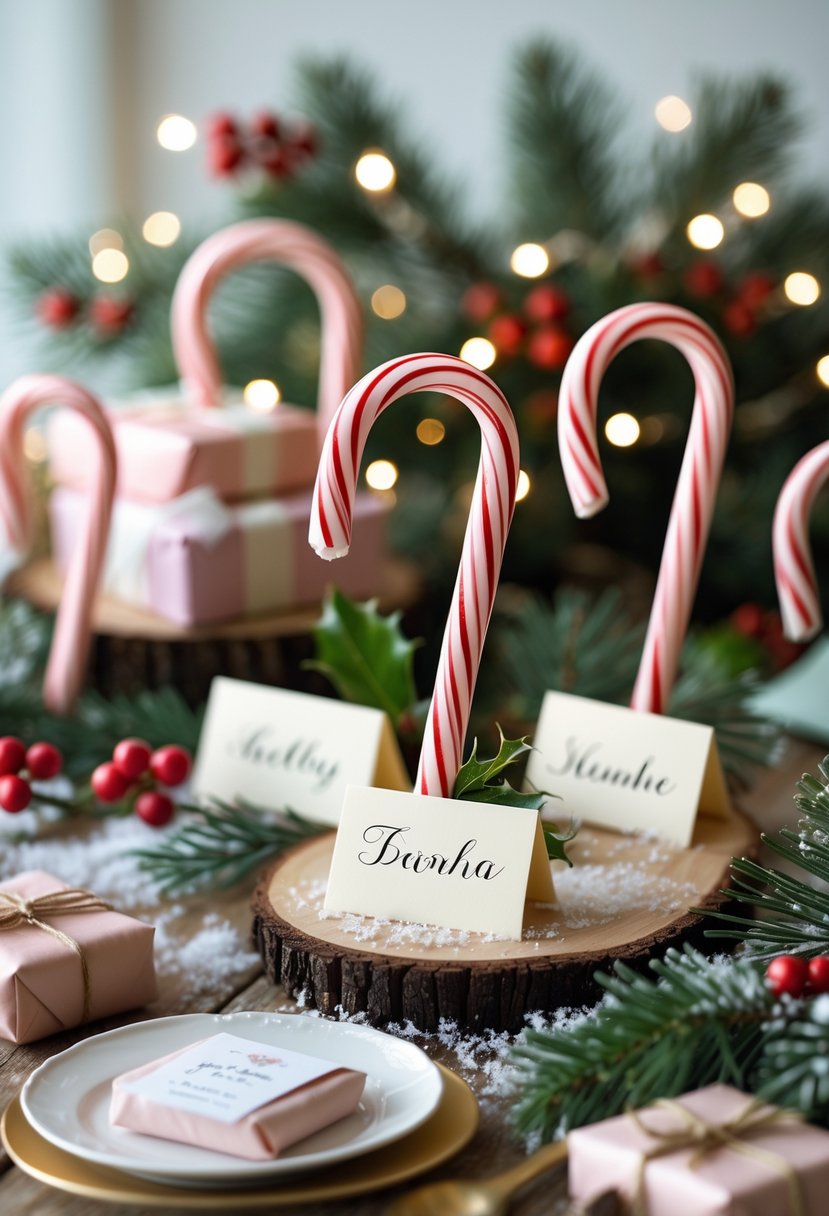 Close-up of candy cane place cards arranged on a decorated table with winter greenery and baby shower favors.