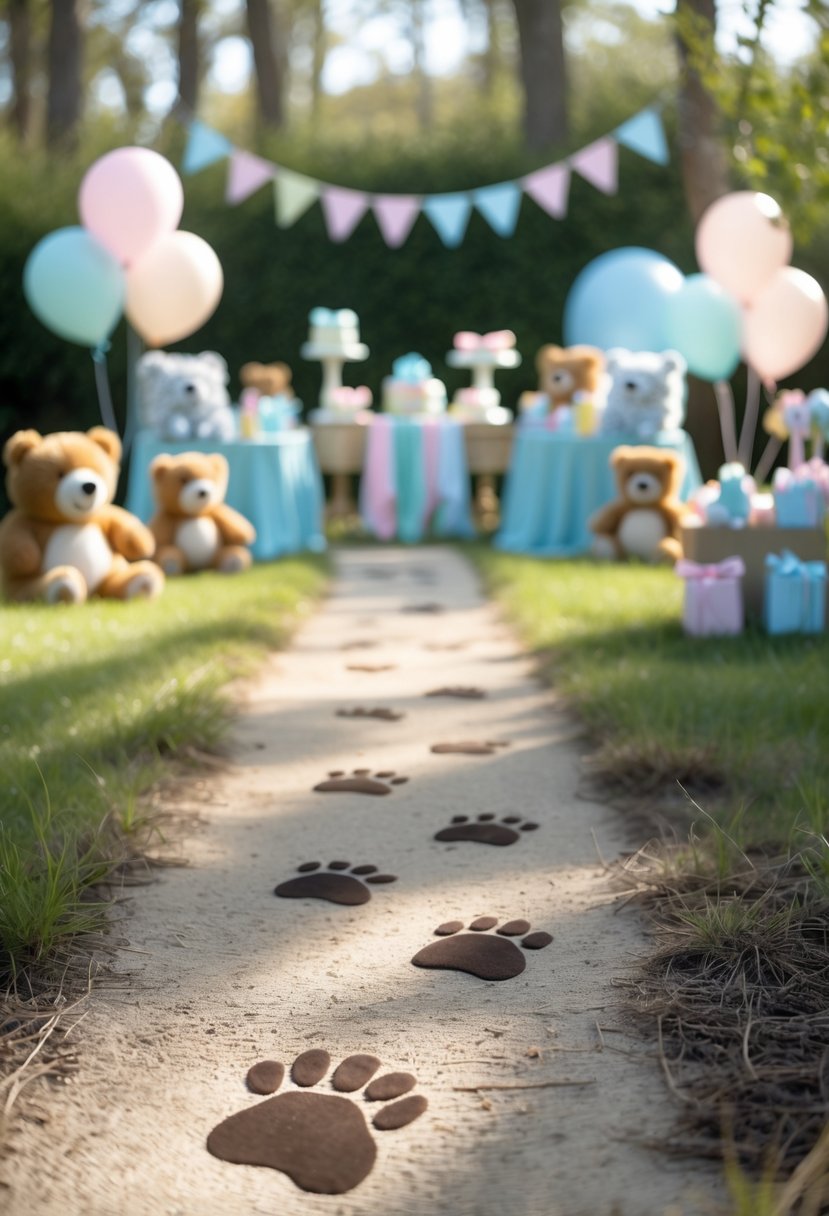 Bear paw print footprints on grass leading to a decorated baby shower party area with bear-themed decorations.