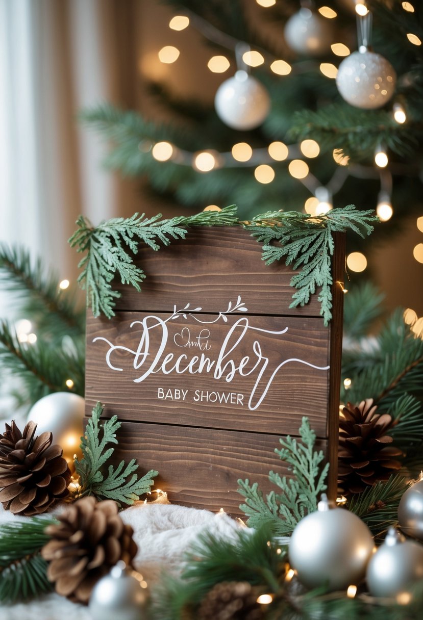 A rustic wooden sign surrounded by winter-themed baby shower decorations including pinecones, evergreen branches, and soft fairy lights.