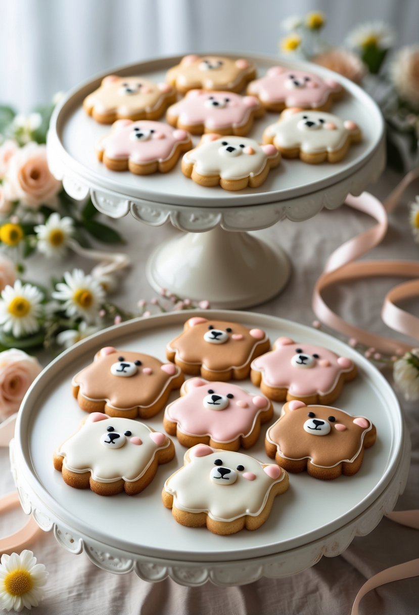 Bear-shaped cookies decorated with pastel icing arranged on dessert trays at a baby shower table.