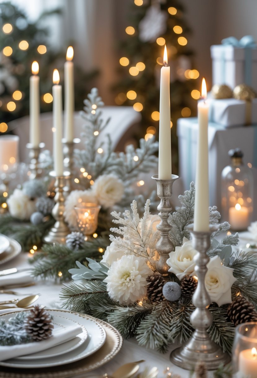 A warmly lit winter-themed baby shower table with taper candles, floral arrangements, and seasonal decorations.
