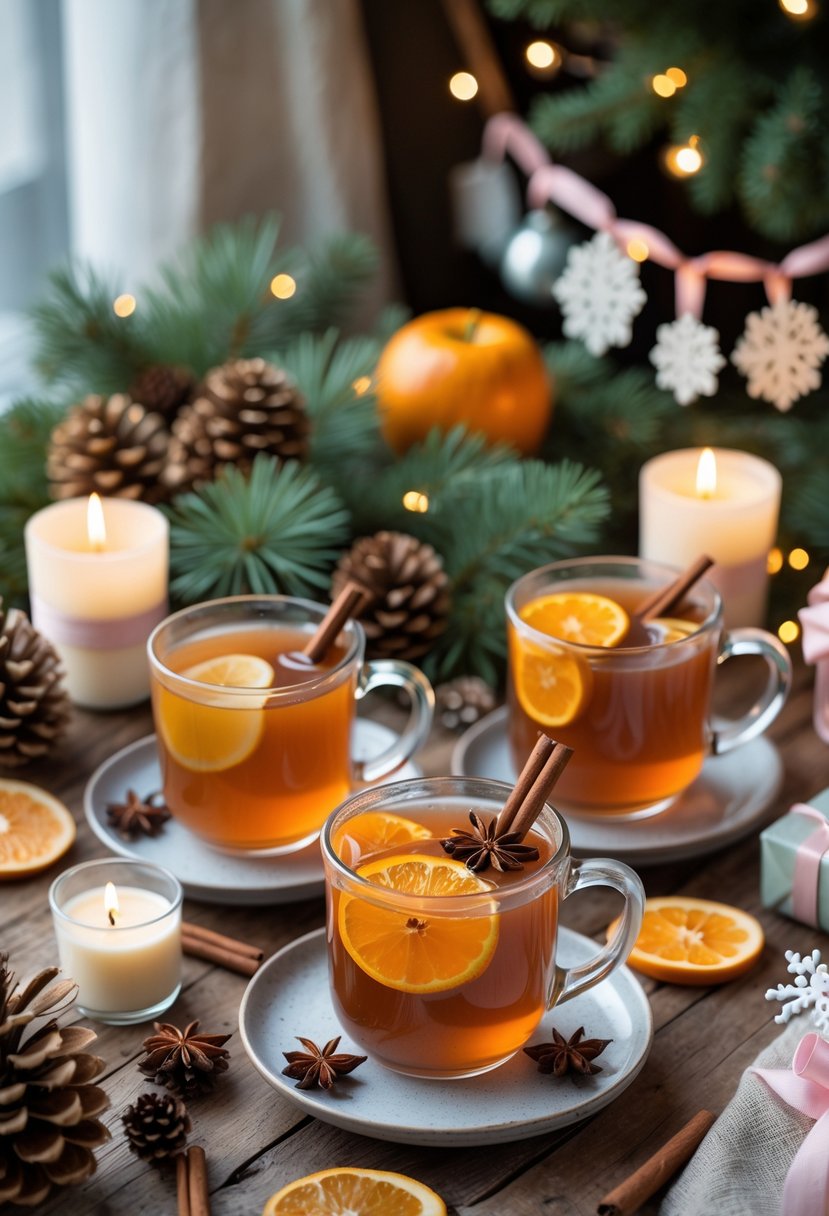 Warm apple cider and spiced tea drinks on a wooden table with festive December baby shower decorations including pinecones, evergreen branches, and candles.