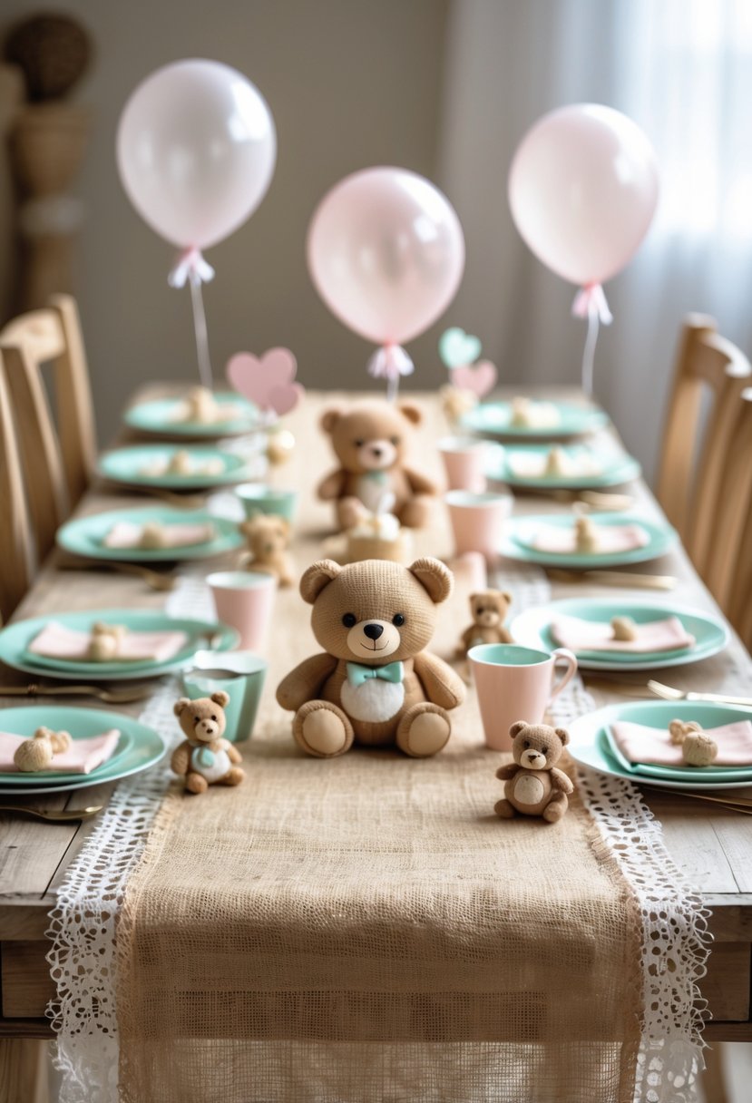A table decorated for a baby shower with burlap and lace runners, bear-themed decorations, and pastel party supplies.
