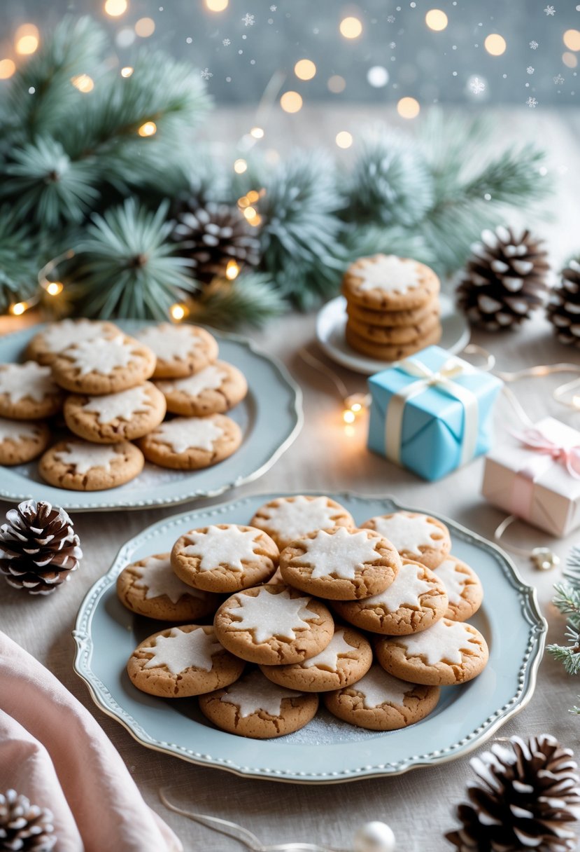 A table set with cinnamon-spiced cookies and winter-themed baby shower decorations including pinecones, evergreen branches, and soft lights.