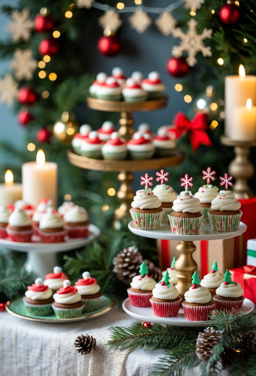 A holiday-themed dessert table with mini cupcakes decorated with festive holiday toppings and surrounded by seasonal decorations.