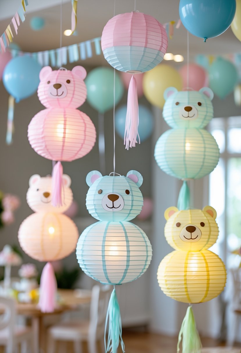 Hanging paper lanterns shaped like bears in pastel colors decorating a baby shower room.