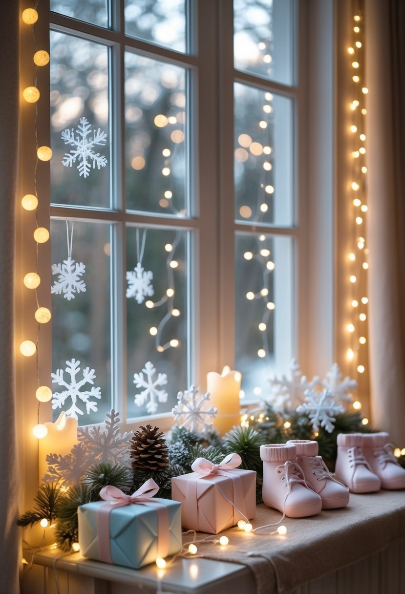 A window decorated with soft twinkling fairy lights and winter-themed baby shower decorations including gifts, baby booties, and a small cake.