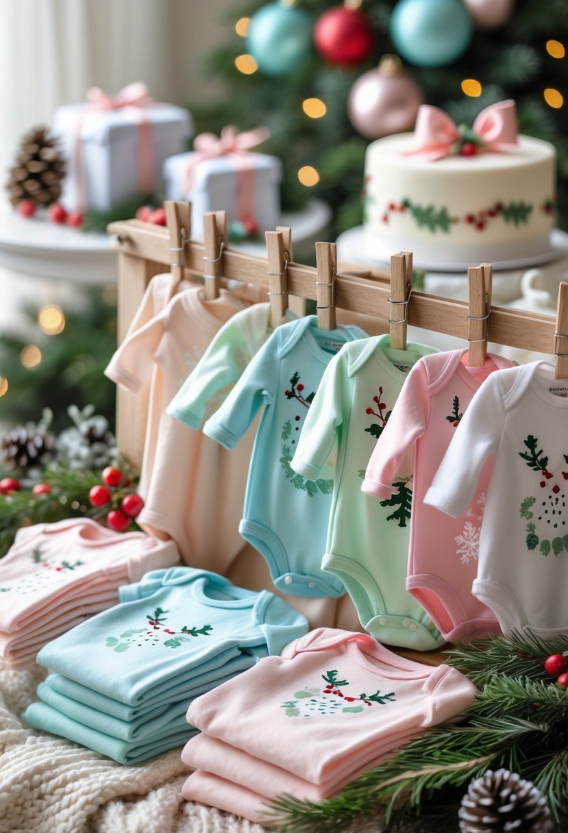 A display of pastel-colored baby onesies with winter-themed decorations at a festive baby shower.