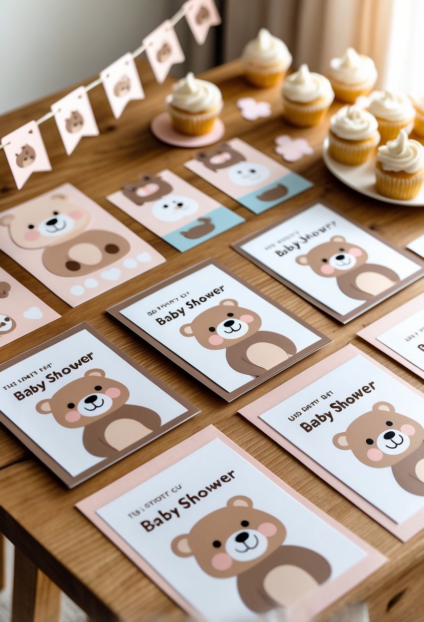A collection of baby shower invitations and decorations featuring cute cartoon bears arranged on a table.