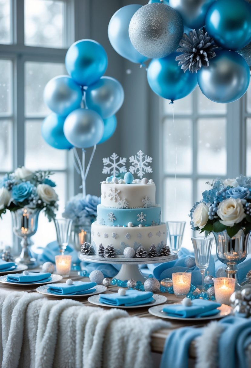 A winter-themed baby shower table decorated with silver and blue ornaments, balloons, a snowflake cake, candles, and floral arrangements, set in a cozy room with frosted windows.