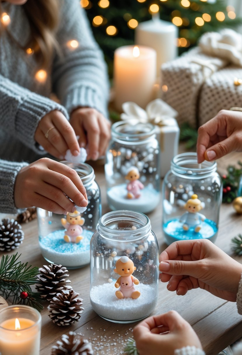 People assembling DIY snow globes with baby-themed figurines and winter decorations on a decorated table during a festive December baby shower.