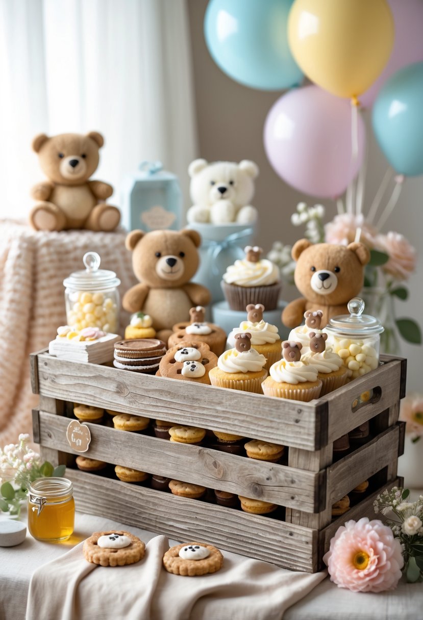 A rustic wooden crate filled with bear-themed baby shower treats and decorations on a soft surface.