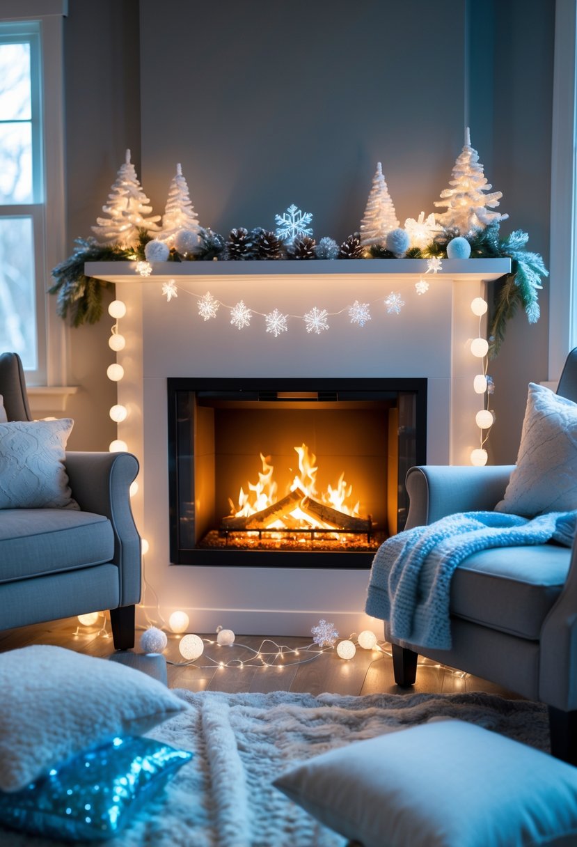 A cozy lounge area with a glowing faux fireplace, comfortable seating, and winter-themed decorations.