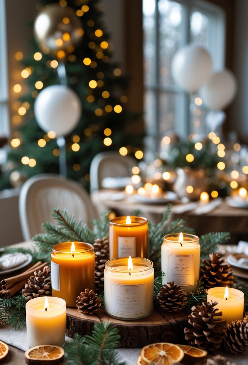A table with cinnamon and pine scented candles surrounded by pinecones, cinnamon sticks, and holiday decorations, with soft lights and baby shower decorations in the background.