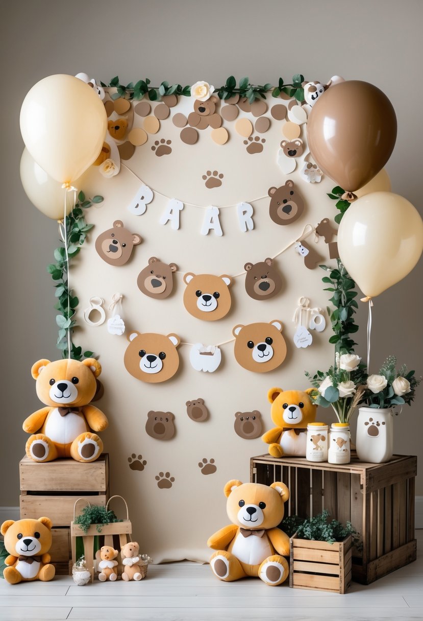 A baby shower photo booth decorated with bear-themed props including bear ear headbands, plush toys, balloons, and a pastel backdrop with bear illustrations.