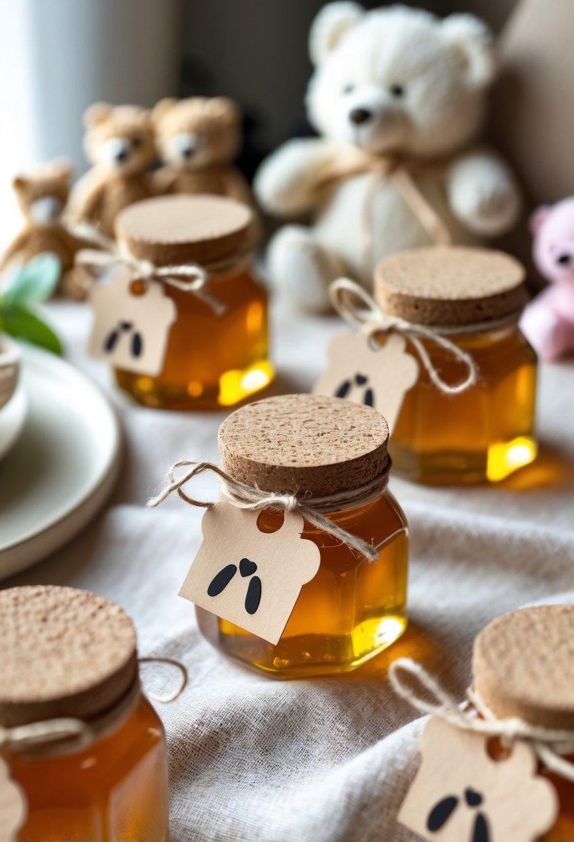 Mini honey jars with bear-shaped tags tied with twine arranged as baby shower guest favors on a fabric surface with soft decorations in the background.
